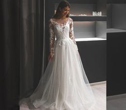Classic A Line Wedding Dresses Bridal Gowns Long Sleeves Lace Appliques Sequined Lining Shiny Ivory Tulle Country Boho Bride Dress Custom Made 2023