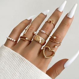 Cluster Rings Punk Set For Women Boho Knuckle Pearl Heart Ring Female Bohemian Flower Metal Joint Jewellery Accessories 10PCS