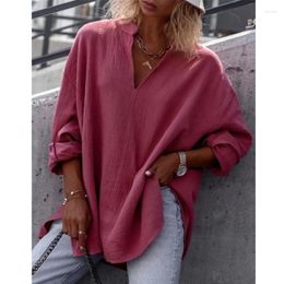 Women's Blouses Yellow Grey Women Blouse Solid Colour V Neck Long Sleeve Shirts Spring Fall Tops Casual Loose Vintage Blusas Femininas