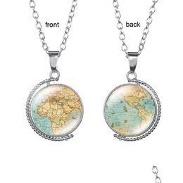 Pendant Necklaces Rotatable Glass Cabochon World Map Necklace Time Gem Double Sided Pendant Necklaces Women Children Sweater Chain F Dhvhs