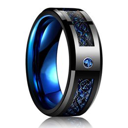 T GG Fashion Stainless Steel Celtic Dragon Ring Zircon Inlay Red Carbon Fibre Ring Men Wedding Band