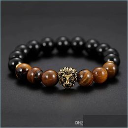 Beaded Natural Tiger Eye Stone Beaded Strands Bracelets Charm Lucky Golden Lion Bracelet For Men Fashion Jewellery Drop Delivery Dhc6L