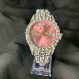 Quality Factory High Bling Purple Dial Sier Plating Hip Hop Bust Down Wrist Watch Shining Diamond Iced Out Baby Pink Women Quartz Watch1T13XURI