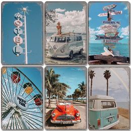Beach Bus Metal Painting Plaque Retro Summer Travel Poster Decorative Plate Wall Decor For Seaside Bar House Motel Room 20cmx30cm Woo
