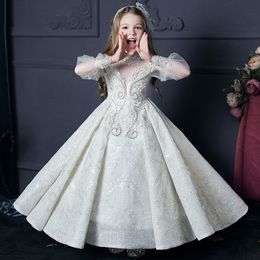 Lace Flower Girl Dresses For Wedding 3D Appliqued Beaded Ball Gown Toddler Pageant Gowns Tulle Pearls Floor Length Kids Birthday Dress 403