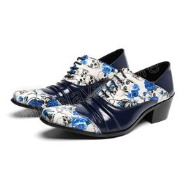 Men's Shoes 6.5cm Heels Split Black and Flowers Print Leather Dress Shoes Men Square Toe Lace-up Party/Business Shoe