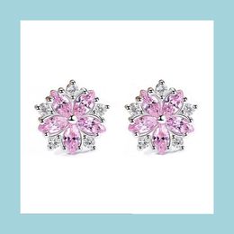 Stud 925 Sterling Sier Stud Earrings For Girls Crystal Cherry Blossom Flower South Korean Elegant Women Ear Jewellery Drop Delivery Dhtil