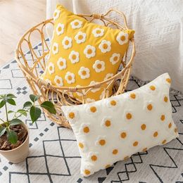 Pillow Case Soft Cosy Cotton Canvas Embroidery Flora Cushion Cover 30x50cm Case Yellow Zigzag Sham for Living Room 221109