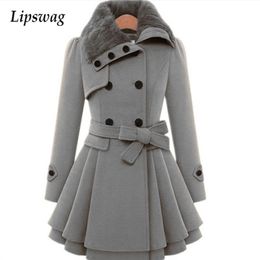 Women's Wool Blends Women Fur Lapel Button Warm Overcoat Autumn Slim Double-Breasted Woollen Coat Trench Elegant Lace-Up Pleated Ruffle Jackets 221110