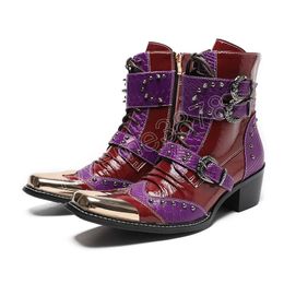Botas Winter Party Shoes Punk Style Buckle Rivets Genuine Leather Cowboy Short Boots Mid Heel Lace Up Men Motorcycle Boot