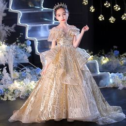 luxury gold Flower Girls Dress Baby Girl Clothes Lace 3D Flowers Applique Puffy Tulle Kids pageant Birthday Gown Custom Made