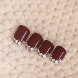 False Nails 24 Fashion Candy Color Crystal Diamond Nail Finishes Fake Short Red Wine N83-2