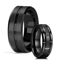 Classic Men's 8mm Black Wedding Rings Double Groove Bevelled Edge Brick Pattern Brushed Stainless Steel Rings For Men