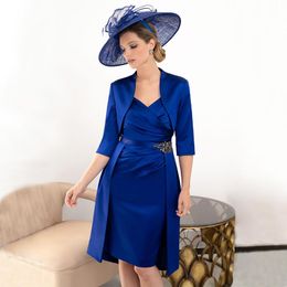 Blue Sheath Mother Of The Bride Dresses With Beaded Sash Wedding Guest Dress Long Jackets Sweetheart Neckline Plus Size Satin Knee Length Evening Gowns