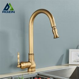 Kitchen Faucets Rozin Antique Brass Faucet Pull Out Spout Black Single Hole Swivel Cold Water Mixer Tap 221109