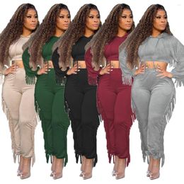 Women's Two Piece Pants Casual Women Set Fall Winter Fashion Fringe Tracksuit Outfits Solid Hooded Short Tops And Matching