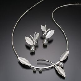 Necklace Earrings Set Exquisite Tree Leaves White/Grey Pearl Jewellery Fashion Matte Gray-Silver Colour Stud Bijoux