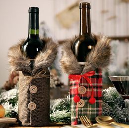 Creative New Wine Cover decoration with Bow Plaid Linen Bottle Clothes with Fluff XMAS dinnering beer Bottles Covers cloth Fashion Christmas Decor