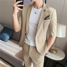 Men's Tracksuits 2022 Fashion Summer Short Sleeve Blazers Match Pant Slim Solid Colour 2-piece High Quality Men Formal Office Party Tuxedo