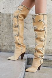 New Arrivals Boots Rivets Embellished Spike Heels Over the Knee Boots Ruched Pointed Toe Slip-on Winter Shoes Women