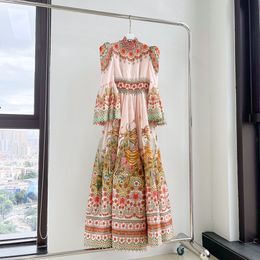 Dress Designer Brand Colorful Temperament Stand Collar Print Pendant Flare Sleeves Swing Medium Long Dress on Sale