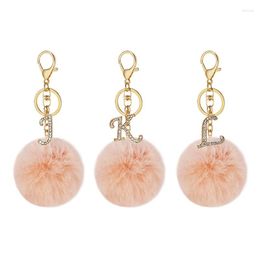 Keychains Classic Shiny Crystal 26 Letters Keychain A-Z Rhinestone Initial Letter Keyring With Pink Fur Pom Women Handbag Decoration