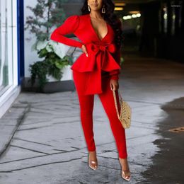Women's Two Piece Pants Women 2 Pieces Set Long Sleeve Top And Sexy Bowknot Club Outfits Commute Office Ladies Party Suit Clothes