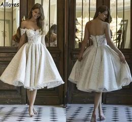 Shiny Sequined Glamorous Lace Short Ball Gown Wedding Dresses Sexy Off The Shoulder Appliuqed Puff Tea Length Plus Size Second Reception Party Dress Aso Ebi CL1402