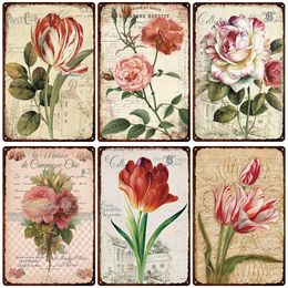 Flowers Metal Painting Retro Plates Rose Peony Lavender Art Plaque Vintage Poster Garden Room Home Wall Decor Gift 20cmx30cm Woo