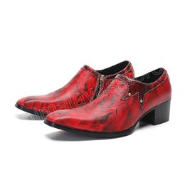 Men's Shoes Pointed Toe 5cm Heels Red Genuine Leather Dress Shoes Men Zip Slip on Party Business Wedding Shoe Male