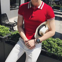 Men's Polos British Style Summer Ice Silk Short Sleeve Knitted Polo Shirt Men Clothing Fashion Striped Lapel Slim Fit Casual Tee