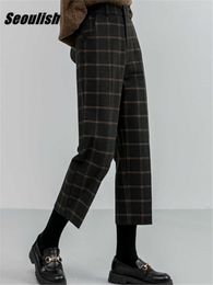 Women's Pants Capris Seoulish 2022 New Autumn Winter Woolen Plaid Women Formal Straight High Waist Ankle-Length Chic Loose Ladies Pocket Y2211