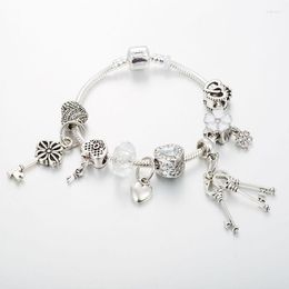 Charm Bracelets Fashion Key & Heart For Women White Original Crystal Beads Bracelet Homme Jewelry Gift Pulseras Mujer