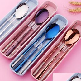 Flatware Sets 304 Stainless Steel Chopsticks Spoon Fork Tableware Set With Portable Gift Box And Bag For Adt School Travel Picnic Cu Dhqtb