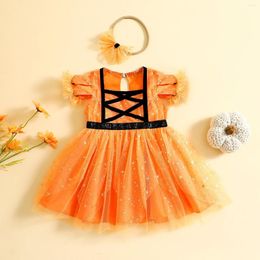 Girl Dresses Baby Girls Halloween Party Dress Cosplay Costume With Bow Headband Hollow Mesh Square Neck Summer Toddler Clothing