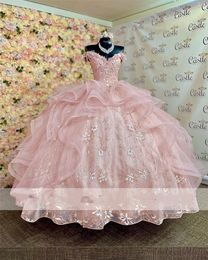 Pink Ball Gown Quinceanera Dresses Beaded Flowers Appliques Off Shoulder Tulle Sequined Sweet 15 16 Dress XV Party Wear