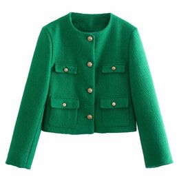 Women's Suits Blazers Tangada Women Fashion Green Tweed Crop Blazer Coat Vintage Long Sleeve Female Outerwear 8Y194 221110