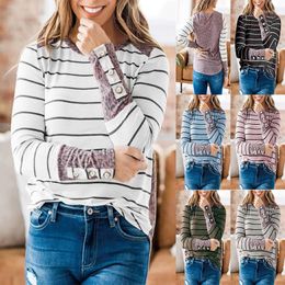 Women's T Shirts Fashion Womens Autumn And Winter Loose Round Neck Long Sleeve Leopard Striped Stitching Side Slit Hem Buttoned Closure