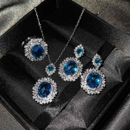 Necklace Earrings Set Luxury Colorful Stone For Women Elegant Wedding Blue Pink Synthetic Topaz Pendant Ring Sets