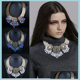 Chokers Western Style Chunky Choker Necklace Fashion Jewelry Alloy Rhinestone Crystal Flower Waterdrop Pendant Sale White Blue Drop Dhqac