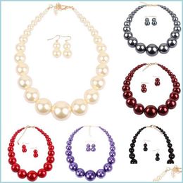 Chokers Imitation Pearl Choker Necklace And Drop Earrings Set Abs Plastic Red Black Gold Pearls Torques Simple Jewelry Female Weddin Dh2Eo