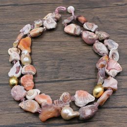 Choker GuaiGuai Jewellery 2 Strands Rare Pink Botswana Agate Freeform Nugget Freshwater Keshi Pearl Necklace