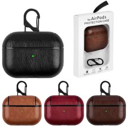 Luxury PU Leather Hard PC Shockproof Headphone Accessories Protective Wireless Charging Cover With Anti-lost Hook for AirPods 1 2 Pro 3 Pro2 With Retail Package