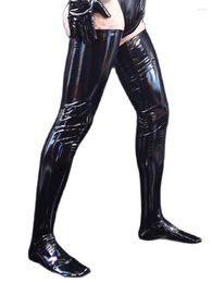 Calcetines para hombres Etapa de bares Sexy Men compuesto Dazzle Color PVC L￡tex Mescado de la altura del muslo High-Gloss Shaper Mirror deslumbrante Black High Calcet￭n