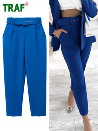 Women's Pants Capris TRAF 2022 Blue Belt High Waisted Woman Trousers Green Office for Streetwear Y2K Aesthetic Y2211