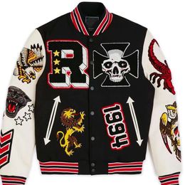 Varsity Jackets For Men Stitched Letterman Skull Sports Baseball Collar Leather Sleeve Streetwear Hip Hop Bomber Peace Tops Coats Embriodery