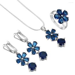 Necklace Earrings Set Flower Clover Royal Blue Cz Crystal Ring Silver Plated Wedding Dangle Earring Bridal