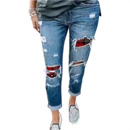 QNPQYX New Women Patch Designs Denim Jeans Plaid Do Old Pencil Jeans Pants Autumn Skinny Ripped Trousers Distressed Ankle-Length Capri Pants