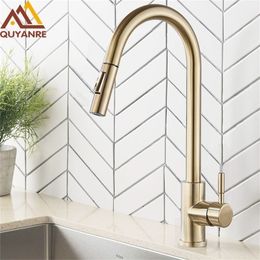 Kitchen Faucets Quyanre Brushed Gold Pull Out Sink Water Tap Single Handle Mixer 360 Rotation Shower 221109