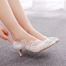 Women Rhinestone Wedding Shoes Lace White Bridal Stiletto 5CM High Heels Bridesmaid Banquet Party Dress Pumps